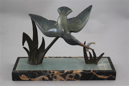 A French Art Deco patinated bronze model of a kingfisher, 11.75in.